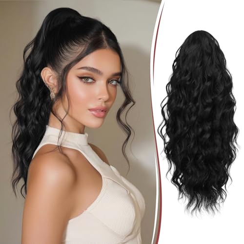 RUWISS Coleta Postiza Pelo Natural con Pinza, Cola Postiza Rizado Ondulado 40 cm Larga Sintética Cola Caballo Extension Coleta Postizas Afro para Mujeres, Negro Natural