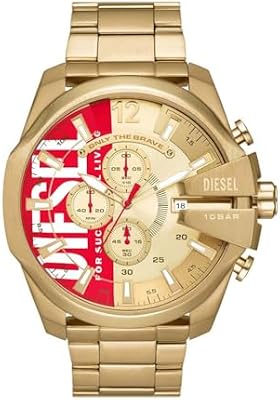 Diesel Reloj Mega Chief para Hombre, Movimiento cronógrafo con Correa de Acero Inoxidable, Tono Dorado y Rojo, 51 mm