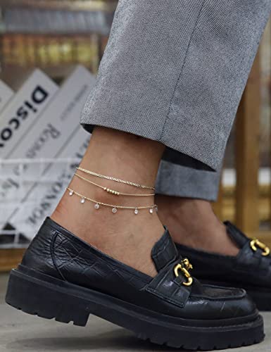 Diamond Gold Ankle Bracelets For Women 14K Gold Plated Anklet Gold Crystal Cubic Zirconia Anklet Flat Mariner Satellite Beaded Chain Dainty Layered Anklet Set 3Pcs #TOP3