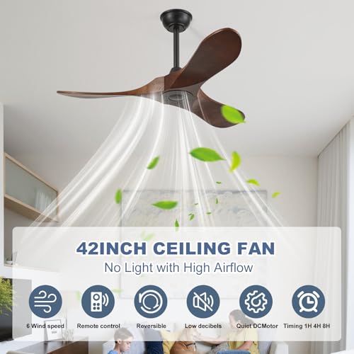 Image of 42'' Outdoor Ceiling Fan no Light,Solid Wood Ceiling Fan with Remote Control,Quiet and Reversible DC Motor with Large Airflow for Living Room,Patios,Gazebo (dark walnut)