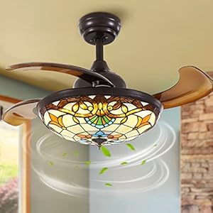 Siljoy 36 Tiffany Ceiling Fan Stained Glass Ceiling Fan Retractable Chandelier Ceiling Fan with Light Remote Control Dimmable with 4 Reverse Blades for Bedroom Living and Dining Room