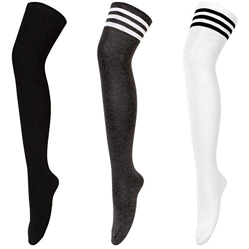 Womens Thigh High Socks Over the Knee High Warm Stocking Boot Leg Warmer Long Socks for Daily Wear Cosplay (D-3 Pairs-(black+grey+white))