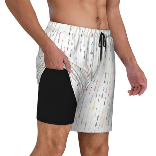 Men's Boho Style Arrows Print Quick-Dry Mesh Swim Trunks Stretch Lining Beach Shorts Surfing Summer Vacations Black