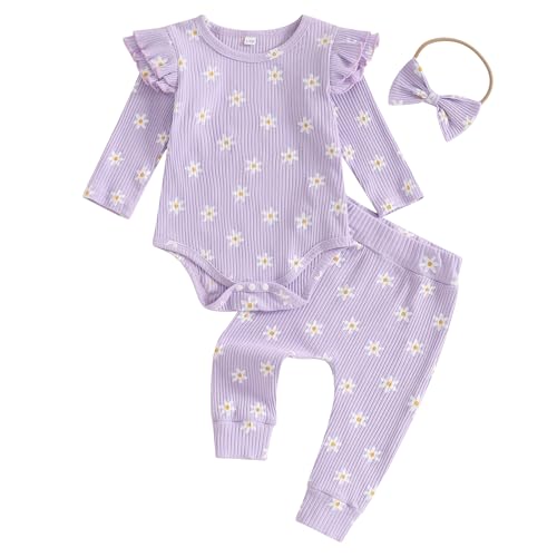 Newborn Baby Girl Outfits Flower Ribbed Ruffle Long Sleeve Romper and Pant set 3pc Infant Girl Fall Winter Clothes
