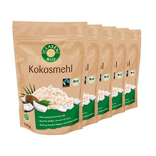CLASEN BIO – Kokosmehl 5x300g Bundle – Kokosnussmehl mild aromatisch & leicht süß – Coconut Flour ideal für Muffins, Desserts & Currys – Kokos Spezialmehl reich an Eiweiß & Mangan & als Kalium-Quelle