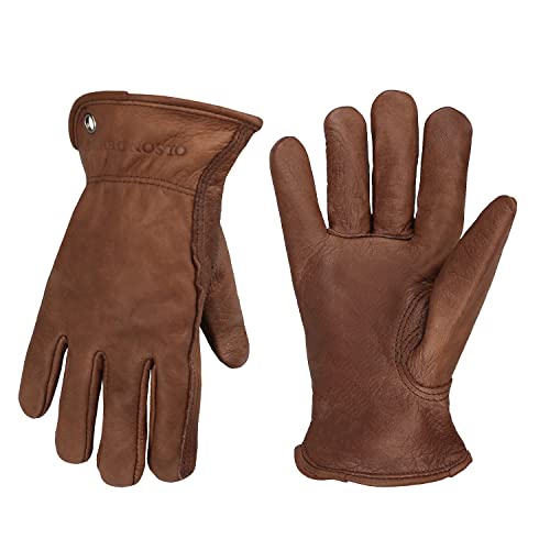 OLSON DEEPAK Retro Braun Leder Arbeitshandschuhe für Schnitt/Motorrad/Bauernhof, Rindsleder Arbeitshandschuhe mit verblasstem Effekt für Männer (Retro Braun, L)
