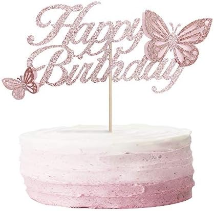 ALISSAR Rose Gold Happy Birthday Cake Topper with 3d Handmade Butterfly, Butterfly Cake Toppers for Girls Women's Birthday Cake Party Decorations (rose gold)