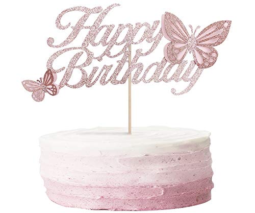 Alissar Rose Gold Happy Birthday Cake Topper With 3D Handmade Butterfly, Butterfly Cake Toppers For Girls Women's Birthday Cake Party Decorations (Rose Gold) #TOP29