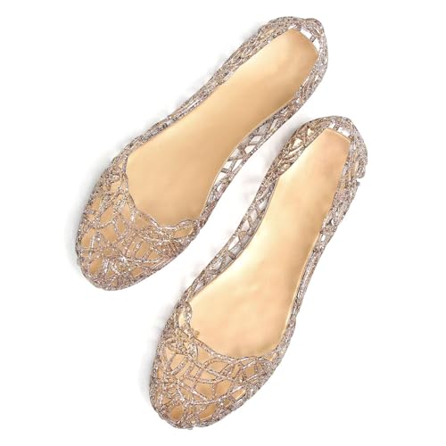 Image of Stunner Women Beach Jelly Shoes Slip On Crystal Summer Hollow Ballet Flats | Summer Cool PVC Breathable Outdoor Indoor Dressy Flat Sandals for Holiday Shopping Spa Swimming Pool