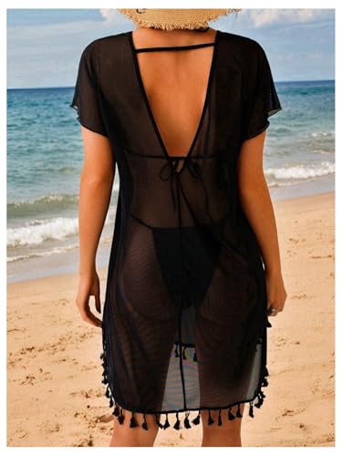 SHENHE Women's Swimsuit Coverups Sheer Mesh Short Sleeve Beach Tassel Dress Cover Up2