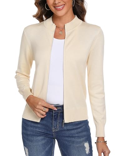 Totatuit Womens Zip Up Jacket Casual Lightweight Knit Sweater Loose Fit Long Sleeve Sweatshirts Crewneck Outerwear Clothing Fall Outfits Zipper Front Cardigan Beige