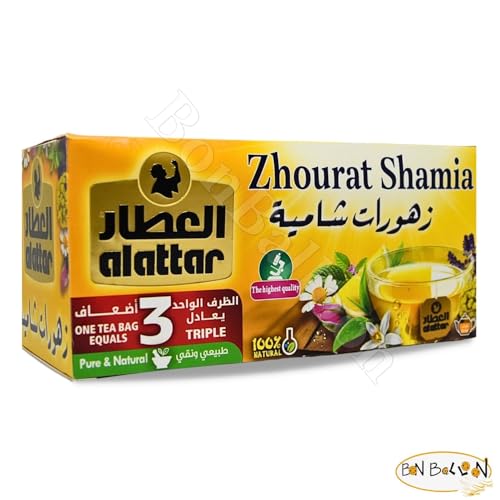 Alattar Zhourat Shamia Tea Bags Natural Pure Herbal Premium Al Attar Herb Egyptian Herbs Oriental Arabic Egypt Herbals Arab No Additives No Gmo Kosher Halal (1 Pack = 24 Bag) شاى زهورات شامية حلال