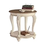 Signature Design by Ashley Realyn Round End Table, Cottage-Style Side Table with Antiqued Two-Tone Finish, Wood & Veneer Construction for Living Room or Bedroom, White/Brown