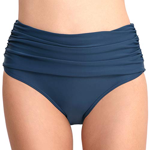 Women's High Rise Bikini Bottom Vintage Shirred Swimsuit Bottoms High Waisted Swim Bottom Ruched Tankini Briefs Bathing Suits Bottoms Blue