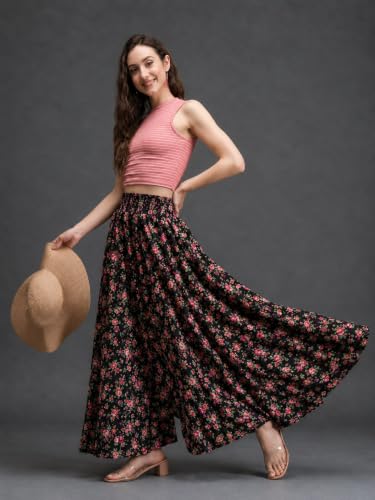 Image of Nexsus Apparels Women Flared Viscose Rayon Trousers | Flared Printed Palazzo |Elasticated Waist Loose-fit & Regular, Casual Wear (Free Size 26 to 42 Waist) Pant| Available in Plus Size's