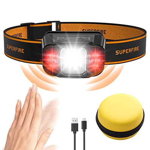 SuperFire LED Headlamp Rechargeable, 650 Lumens Super Bright Motion Sensor Kids Headlamp, 7 Modes with Red Lights, Adjustable Headband, IPX4 Waterproof Headlight for Adults Kids Camping Running