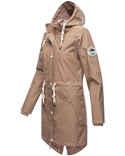 Navahoo Damen Übergangsjacke Regenmantel wasserdichte lange Regenjacke mit verstellbarer Kapuze und geschweißten Nähten Tropical Stormoo Taupe Gr. M