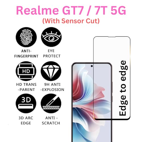 Image of compatible with Realme GT 7 / 7T 5G Tempered Glass [with warranty] screen protector guard Full Edge to Edge 9H Full Glue FHD with Easy Installation kit - Pack of 1 | 6.78 Inch (GT7 / 7 t)