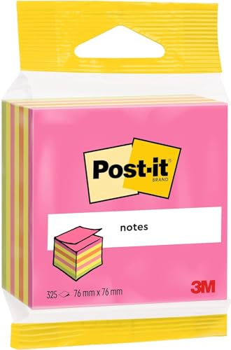 Post-it Sticky Notes Cube Neon Rainbow Collection, 1 podkładka, 325 arkuszy, 76 mm x 76 mm, różowy, żółty, pomarańczowy, zielony - samoprzylepne notatki do robienia notatek, list rzeczy do zrobienia i