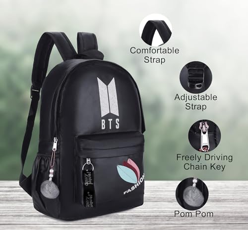 Image of BTS Backpack for Girls & Boys | Stylish Waterproof School Bag with Fashion Design & Pom Pom Keychain | Lightweight Travel & College Backpack for Teens & K-Pop Fans-Best Gift