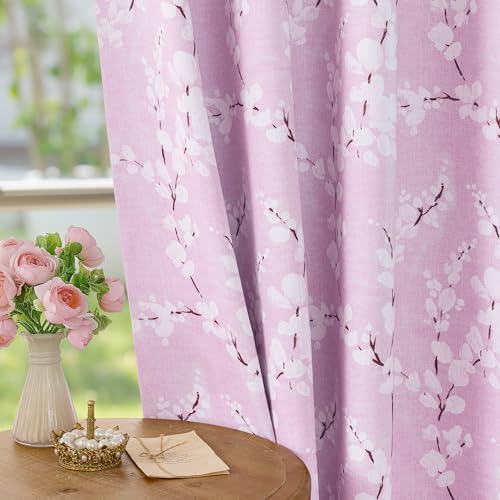 FMFUNCTEX 100% Blackout Floral Curtains for Bedroom, Pink Curtains 63 inch Length Blossom Flower Patterned for Living Room, Thermal Insulated Nursery Drapes, Grommet Top 2 Panels (White on Pink)