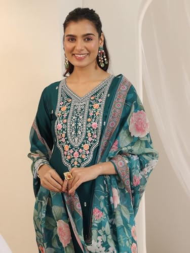 Image of Libas Embroidered Silk Blend Straight Kurta with Trouser and Dupatta | Ethnic Wear |Wedding Dress | Ocassion Wear