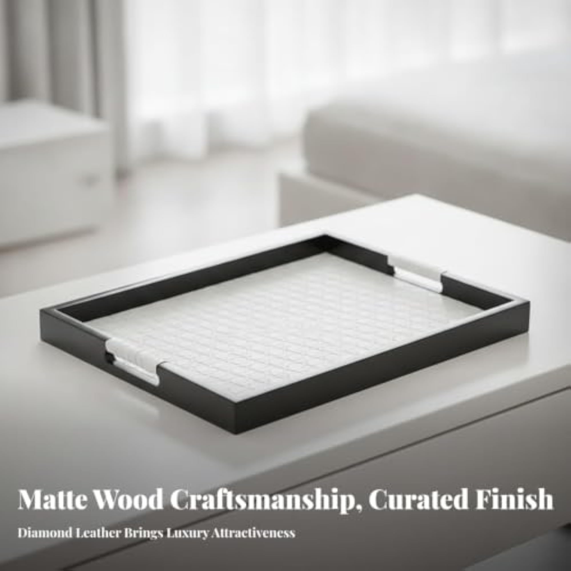 Rectangular Wooden Tray with Leather Surface, Elegant Design