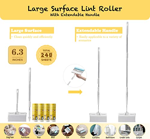 Large Surface Lint Roller Extra Sticky With Extendable Long Handle Dust-Proof Cover 6.3'' Wider 240 Sheets, Lint Rollers For Pet Hair Extra Sticky 400 Sheets #TOP3