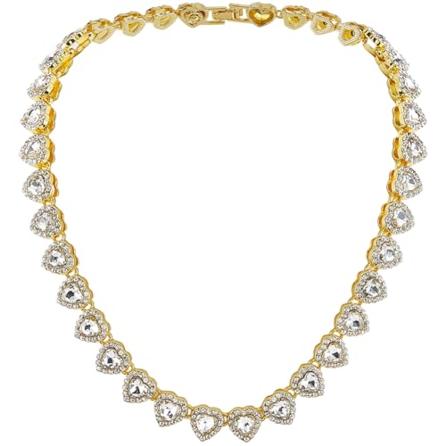 Collier de tennis en strass dorés et oxyde de zirconium premium avec cœur en verre