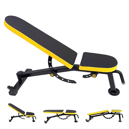 Image of Adjustable Workout Bench for Home Gym | Multifunctional Incline Decline Bench with Preacher Curl Pad & Leg Support | Full Body Strength Training Bench for Men & Women (Black & Yellow)
