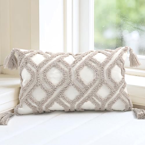 LOOUINHOM Boho Throw Pillow Covers 12x20 Tufted Decorative Tassels,Grey
