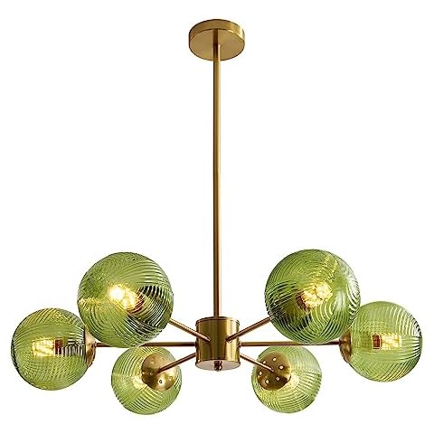 BOKT Green Glass Ball Pendant Light Mid Century Modern Gold 6-Lights Globe Sputnik Chandelier Light Fixture Brushed Brass Chandelier Pendant Light for Kitchen Island Dining Room Cover