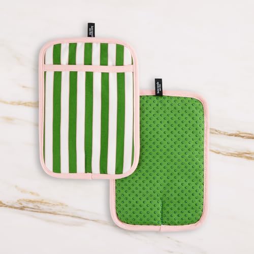 Image of kate spade new york Botanical Stripe Pot Holder 2-Pack Set, 7 inch x 10 inch, Green /Pink