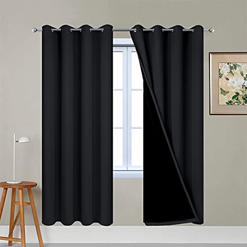 Image of Yakamok 72 Inch Length 100% Blackout Curtains for Bedroom, 2 Thick Layers Thermal Insulated Grommet Total Blackout Drapes with Black Liner for Living Room (52Wx72L,Black, 2 Panels)