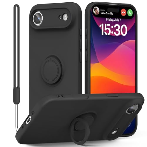 pcgaga Compatible with iPhone 17 Air Case 6.5 inch, Silicone Slim Design with [Ring Holder Stand] [Wrist Strap] [Microfiber Lining] Shockproof Protective Case Cover for iPhone Air, Black