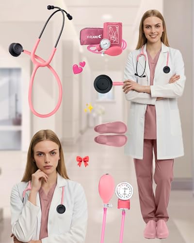 Image of FriCARE Dual Head Stethoscope - Stethoscopes for Nurses, Medical Nursing Students, Paramedics /EMT /LVN /VNA Backup Estetoscopio, Aurora Pink Tube Matte Black Finish Chestpiece