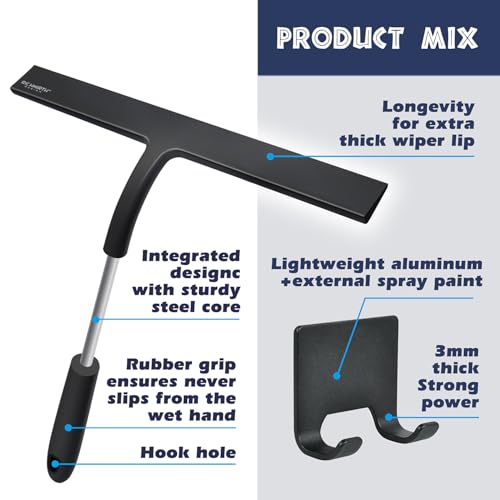 Image of 12 Inch Silicone Shower Squeegee for Glass Doors with Microfiber Cloth & Hook, Streak-Free Window Cleaner for Bathroom Mirror Tile Car, No-Scratch Squeegee with Rustproof Metal Core (Black)