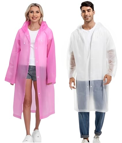 JITIFAZH Wasserdichter Regenponcho,2 Stück,leichter, wiederverwendbarer Regenmantel mit Kapuze, tragbarer Notfall-Poncho für Erwachsene, Familie, Wandern, Radfahren, Camping (Weiß+Rosa)