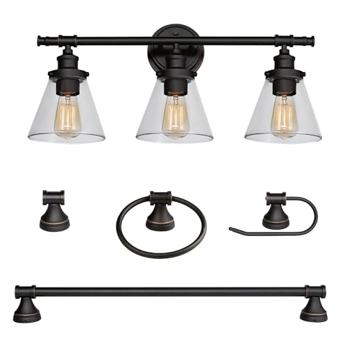 Image of Globe Electric 50192 Parker 5-Piece All-In-One Bathroom Set, Oil Rubbed Bronze, 3-Light Vanity Light with Clear Glass Shades, Towel Bar, Towel Ring, Robe Hook, Toilet Paper Holder, Oil-rubbed Bronze