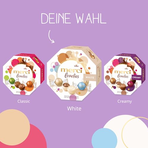 merci lovelies White – 1 x 185 g – Pralinen-Schachtel mit 4 gefüllten Schokoladen-Spezialitäten – Weiße Schokokugeln zum Teilen & Verschenken