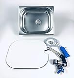 Edelstahl Spülbecken + Wasserhahn Barwig Chrom-Schwarz + 12V Tauchpumpe + Deckel passend zum Spülbecken