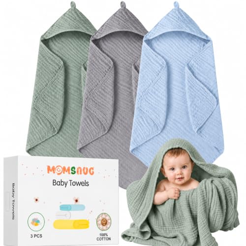 Image of Momsnug 3-Pack Muslin Hooded Baby Towels, Green + Grey + Blue, 35 inch X 35 inch | 100% Cotton, Ultra-Soft & Highly Absorbent ,Quick-Dry for Delicate Skin, For Babies, Toddler and Newborn