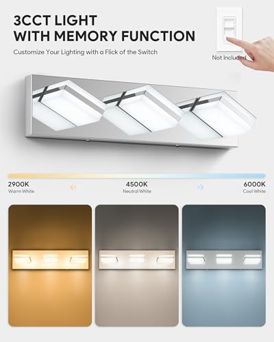Image of VONLUCE Bathroom Vanity Light Fixture, 3-Light Modern LED Vanity Lights, 3CCT Adjustable Bathroom Light with Memory Function Rotatable Shades, 18 inch Wall Lighting Fixture Over Mirror, Chrome
