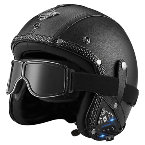 EBAYIN Casque Moto Jet Rétro en Cuir avec Bluetooth Et Lunettes Tendance, Demi-Casque for Adulte, Homologué ECE, Casques 3/4 for Hommes Et Femmes,...