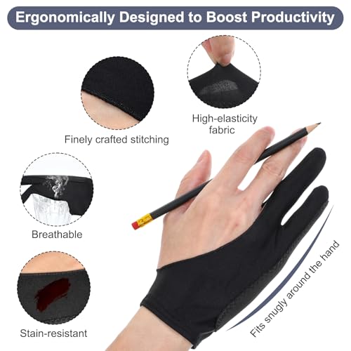 Yuanan 2 Pack Ambidextrous Drawing Glove Right Hand, 3-Layer Palm Rejection Artist Glove, Two-Finger Design Drawing Gloves for Digital Tablets & Paper Sketching(Medium)