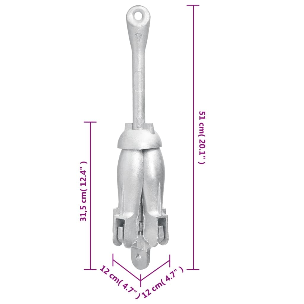 Anclaje plegable de plata de hierro fundido galvanizado en caliente, 6 kg, 51 x 12 x 12 cm, ancla de barco para vela, manguera de kayak, canoa, jolle, pesca, amarre en lago, río, arena, con