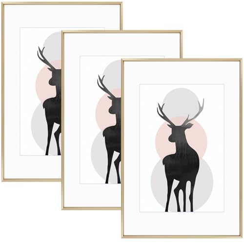 Space Art Deco, 16x24 Metal Aluminum Picture Frame Set of 3, Display Pictures 12x18 with Mat or 16 x 24 Without Mat, Wall Mounting Gallery Photo Frames, Gold
