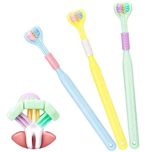 3 x Spazzolino da denti a 3 lati, spazzolino da denti morbido per adulti, super spazzolino compatto, spazzolino da denti junior, triplo ideale per adulti e bambini autisti (blu giallo verde)