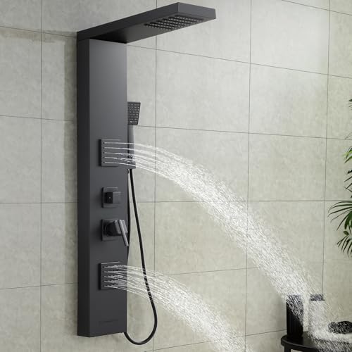 ROVOGO Shower Panel Tower System with High Pressure Shower Head, Body Jets, Handheld and Tub Spout, 46.5\"H x 7.8\"W Shower Column Stainless Steel with Mixer Valve, Black - Thumbnail 3