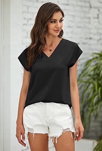 Lynwitkui Women's V Neck Chiffon Blouses Cap Sleeve Shirts Casual Loose Work Office Solid Tops2